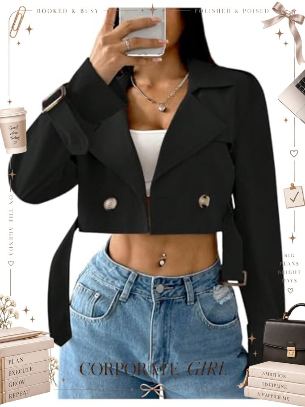 Women's Cropped Trench Coat 100% Polyester Double Breasted Fall Work Outerwear